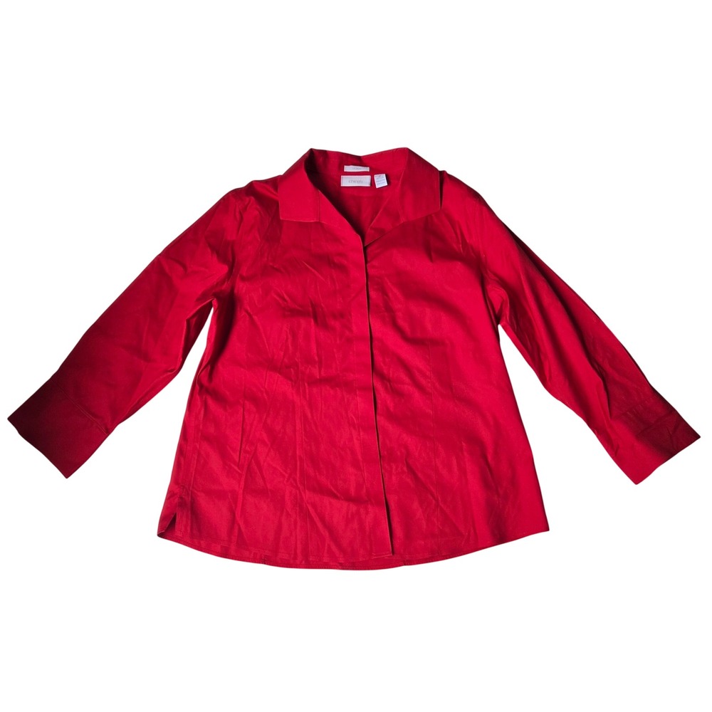 Chicos Red No Iron Button Down Shirt Cotton Blouse Size 2 L Minimalist Classic